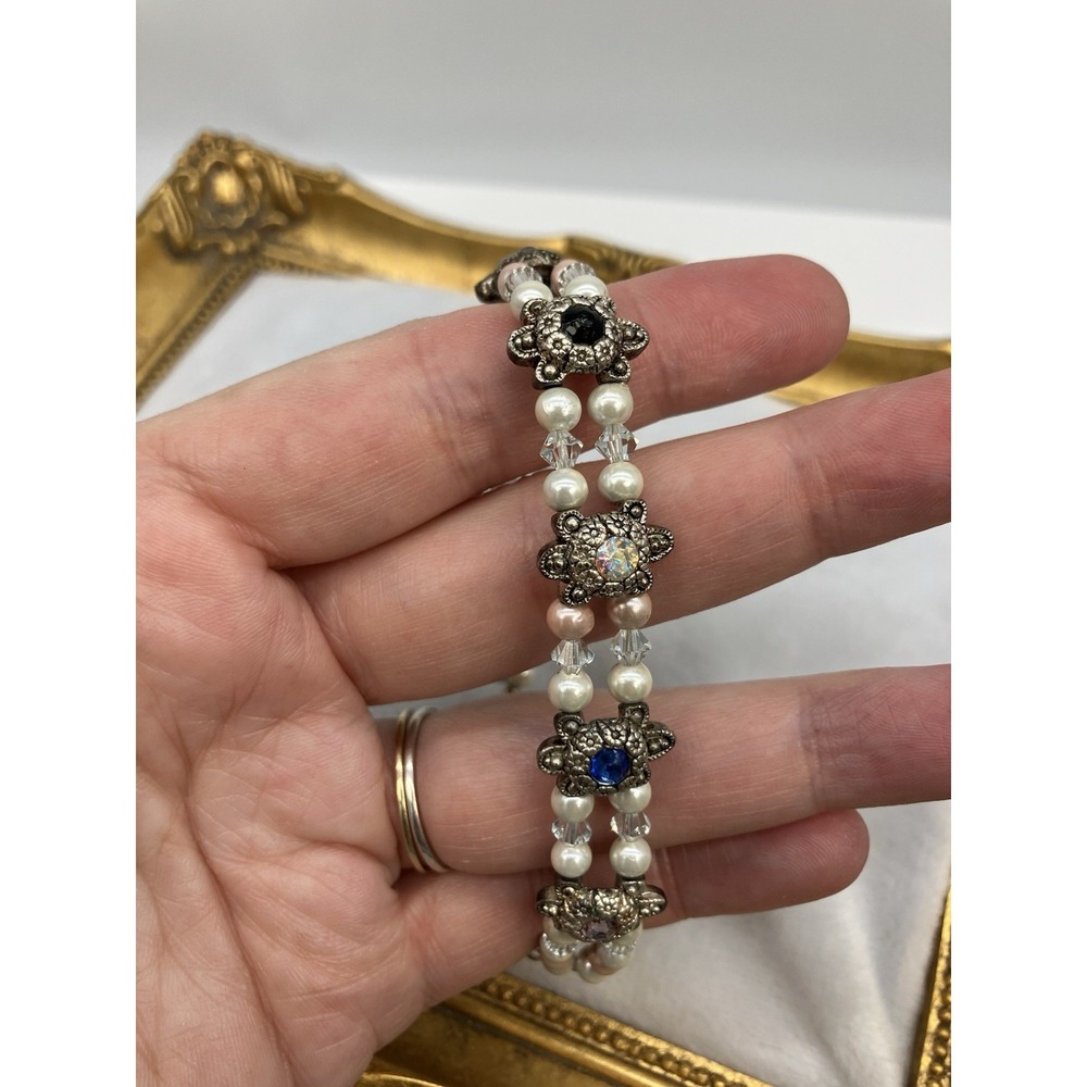 Handmade 2 Row Panel Bracelet Pearl Rhinestone Regal Royalcore Coquette Romantic - Picture 7 of 10